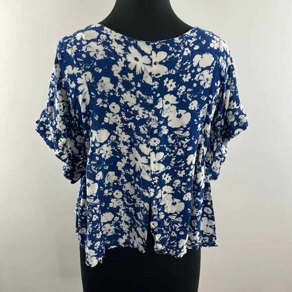 NU NEW YORK Blue White Floral Print Short Cuffed Sleeve Scoop Neck Knit Top S? - Picture 5 of 8